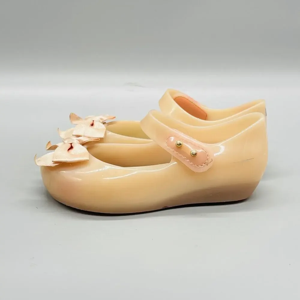 Mini Melissa Shoes Girls 8 Beige Jelly Mary Jane Bow Flat Dress Shoes Casual